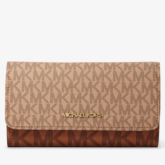 Michael Kors Handbags - Michael Kors Jet Set Large Signature Logo TriFold Wallet Camel Multi